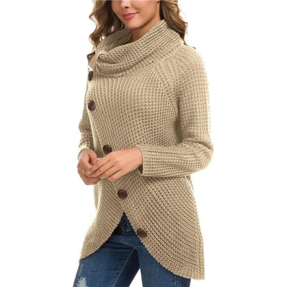 Women’s Turtleneck Chunky Sweater - Fall Asymmetric Knit Pullover, Long Sleeve - Picture 5 of 7